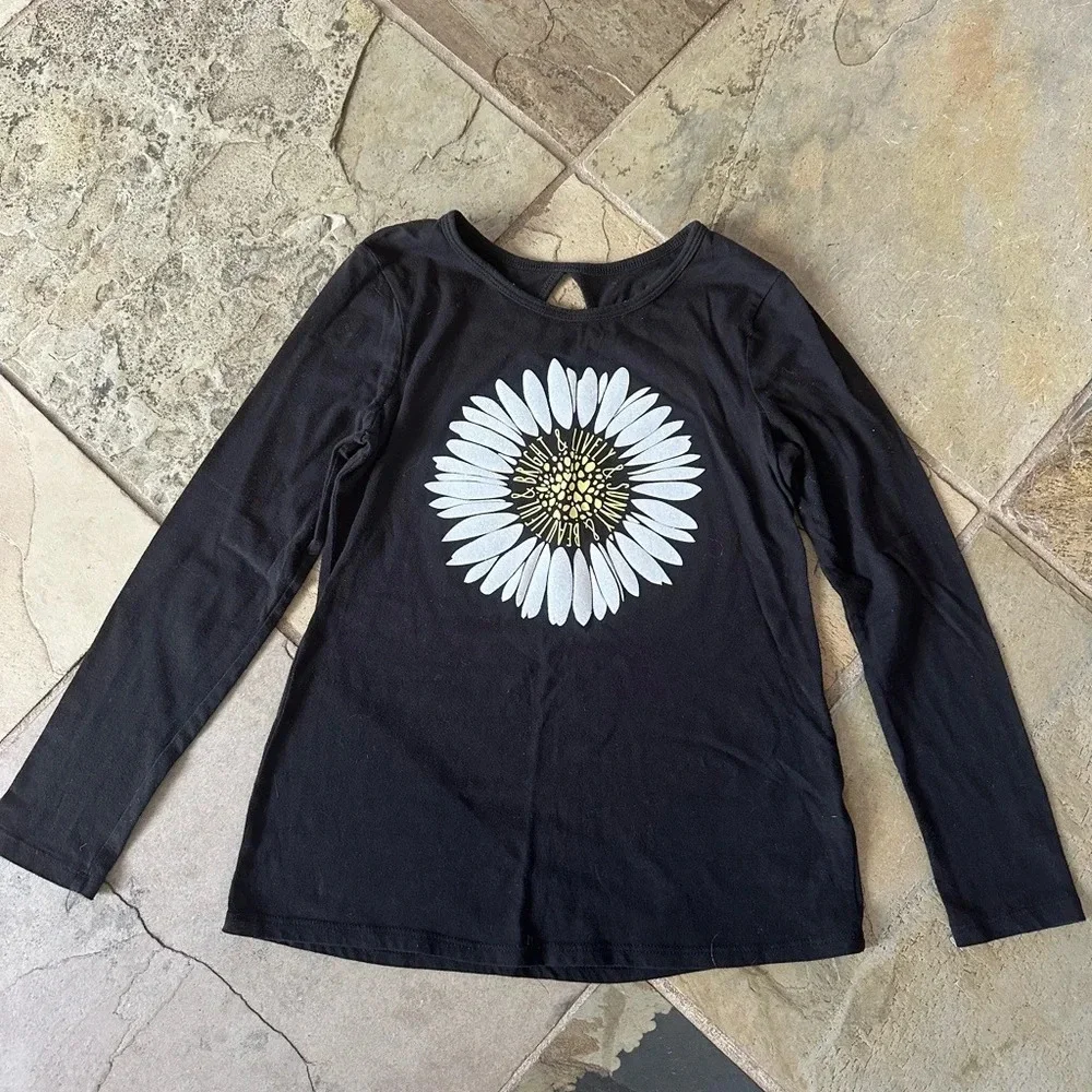 Justice Black Daisy Graphic Long Sleeve Tee Boho Whimsy Girls Size 10